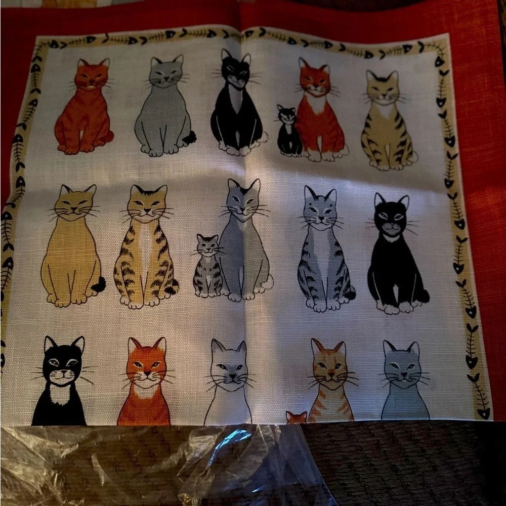 New Ulster Weavers Cats Galore Linen Tea Towel Set w/Fish Bone Decorative Border